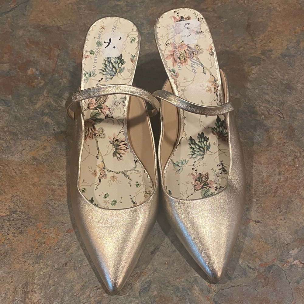 Nicola Bathie Maddie Gold Metallic Leather Slip On Mules Size 9.5M
